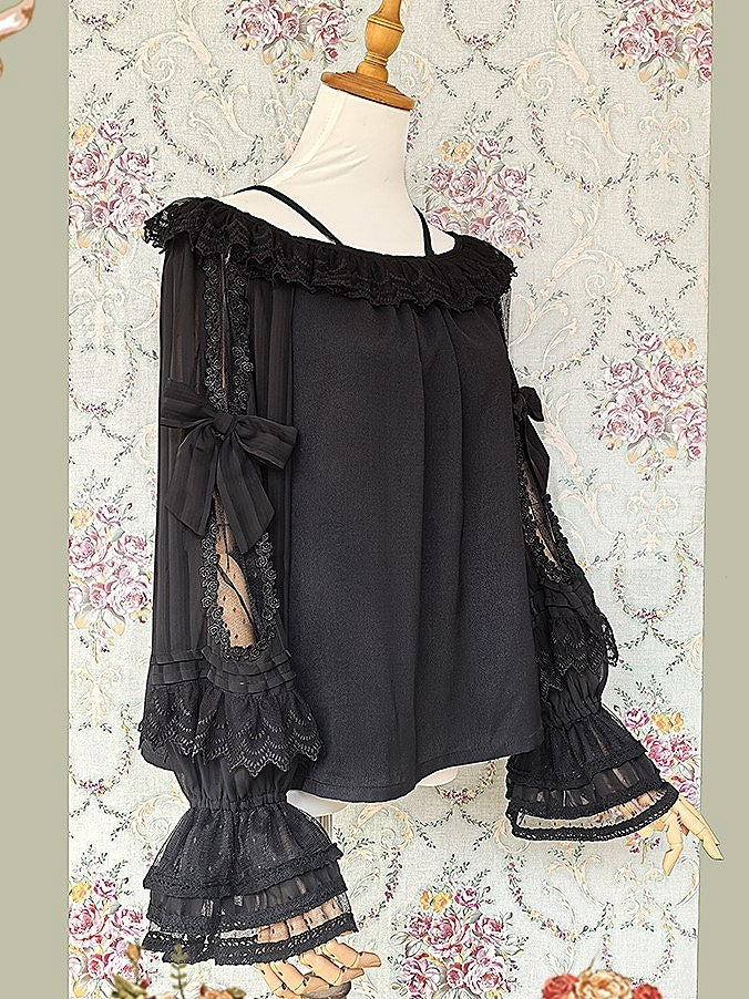 Lolita Sleeves Black with and Trim Off-the-shoulder Neckline Blouse Semi-sheer Lace