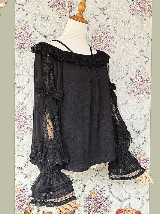 Lolita Sleeves Black with and Trim Off-the-shoulder Neckline Blouse Semi-sheer Lace