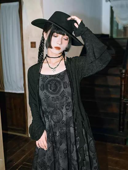 Hem Cheongsam Style Graphic Handkerchief Cami Chiffon Dress Black