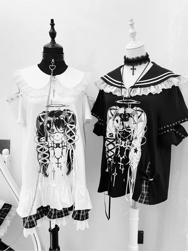 Anime Girl Print Peter Pan Collar Lace-up Details Dress Bittersweet White