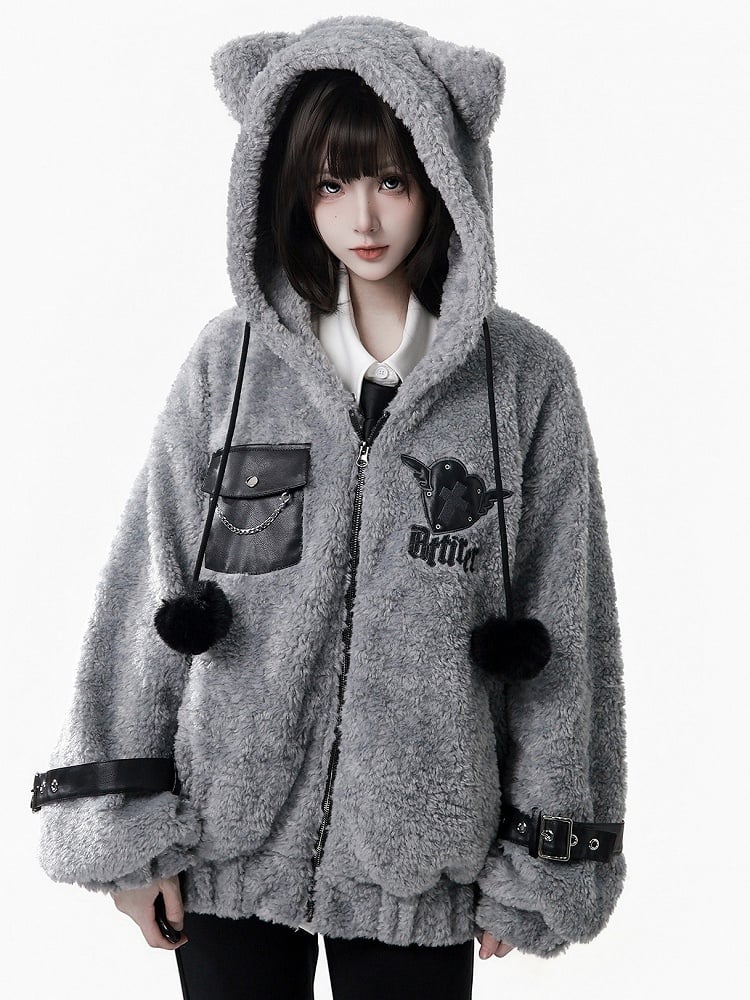 Hooded Pompon Ear Charm Jacket - Grey Plush Kitty