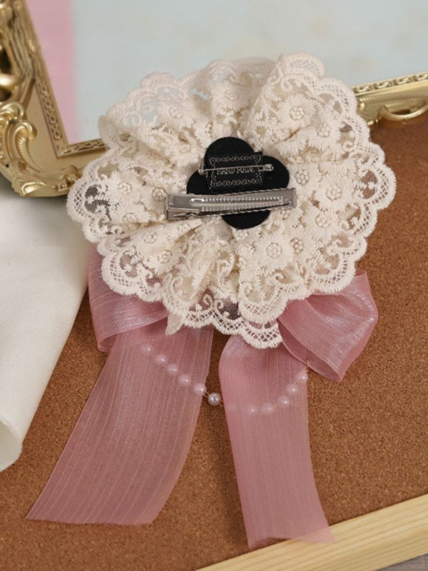 Chain with Brooch/Hairclip Bow Bead Floral Tulle and Pink