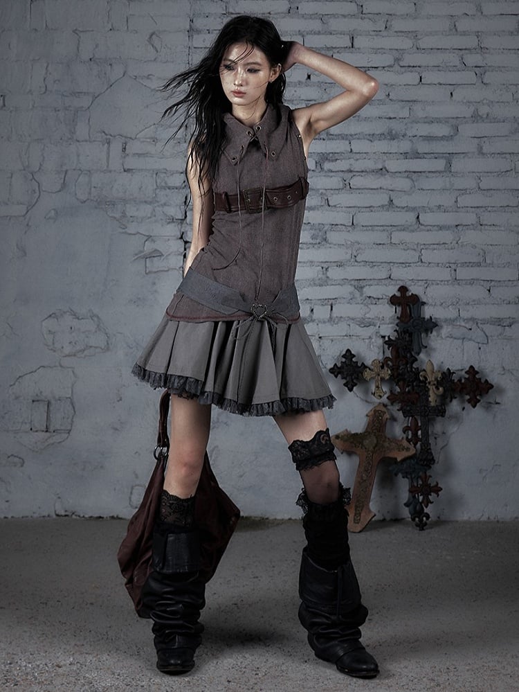 Knit Studded Grey Lace-ups Belt Top Brown Tank Light Punk Buckle with Crisscross