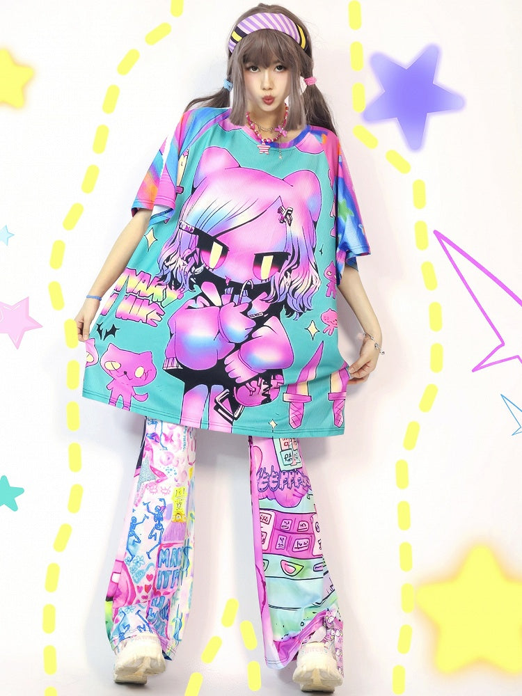 ギャルのカラフルな漫画のショートストライプファッションパターンプリントスリーブTシャツ