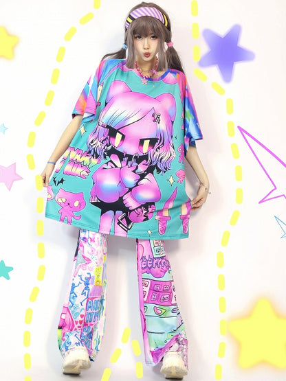 ギャルのカラフルな漫画のショートストライプファッションパターンプリントスリーブTシャツ