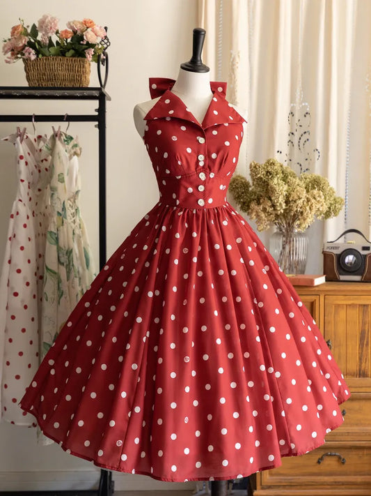 Mode Bogen Halfter Polka Retro Zurück Print Kleid Muster Hals Rote Punkte