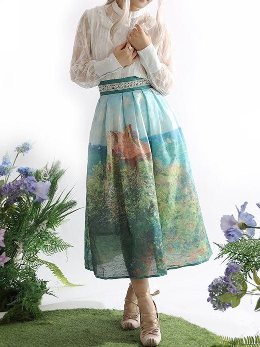 ロング/ショートハイバージョンウエストスカートフィッシャーマンズコテージ油絵プリントグリーン