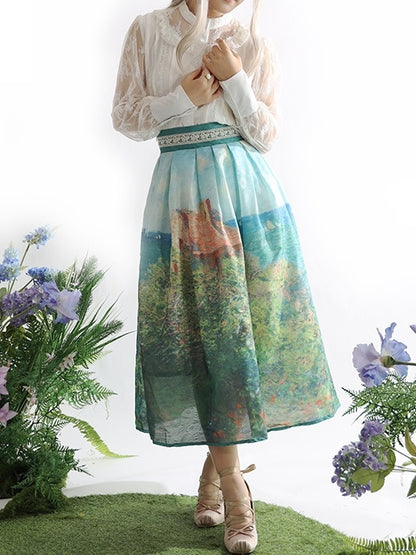 ロング/ショートハイバージョンウエストスカートフィッシャーマンズコテージ油絵プリントグリーン