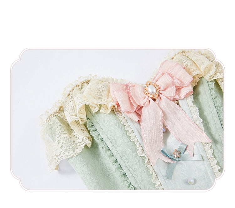 Green Jacquard Boned Bodice Pink Carousel Pattern Skirt Lolita Dress with Big Bow Train