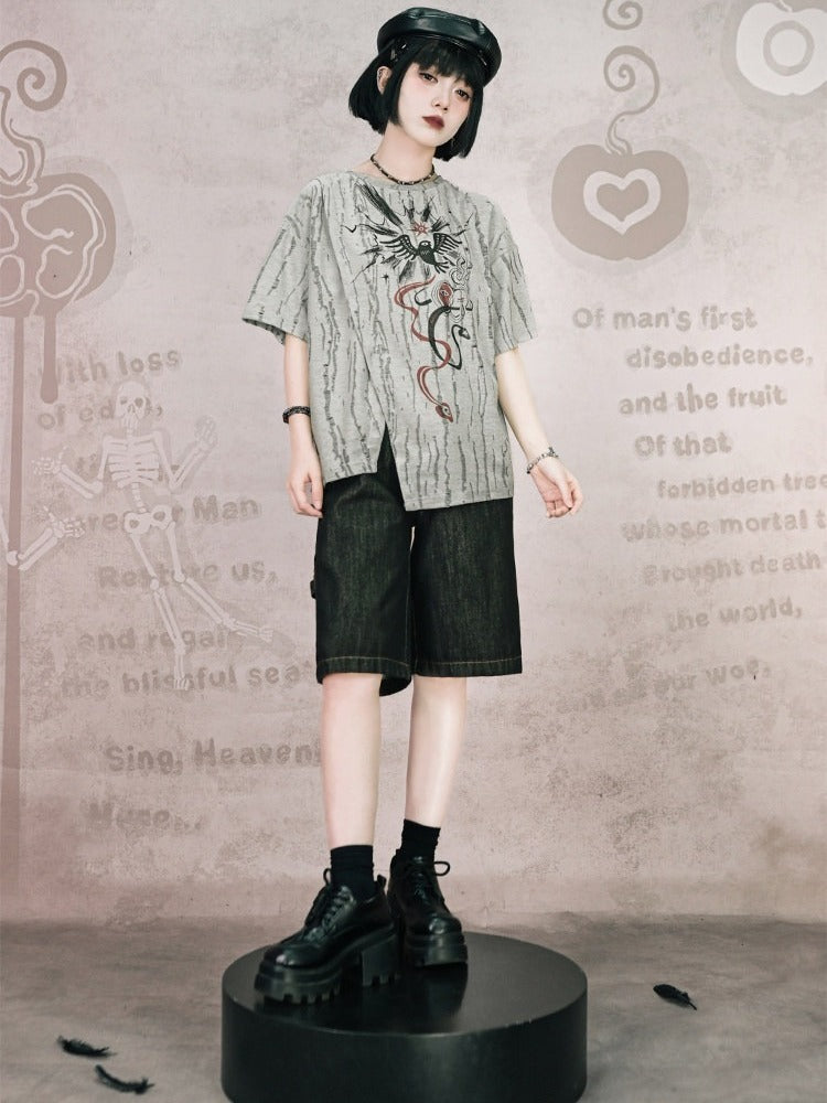 Gray Asymmetrical Short Sleeve T-Shirt with Print & Distress - Quirky Hut