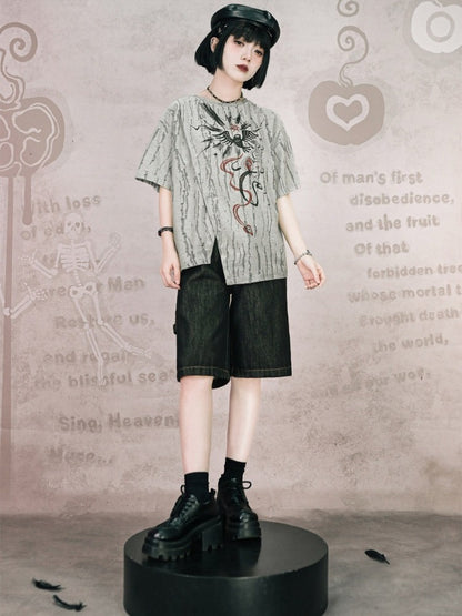 Gray Asymmetrical Short Sleeve T-Shirt with Print & Distress - Quirky Hut