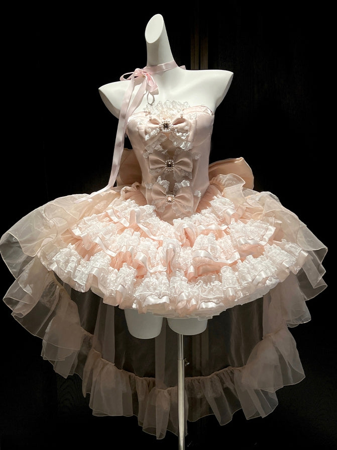 Pink Bows Decorated Bodice Sweet Layered Skirt Princess Birthday Strapless Dress