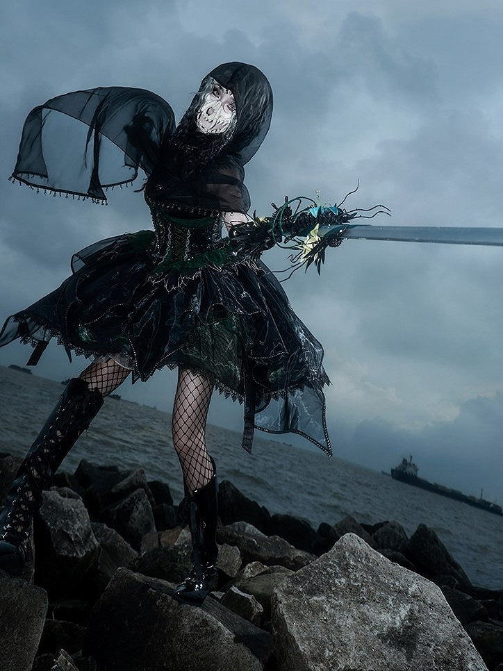 Black & Green Bone Dragon Embroidery Halter Neck Gothic Lolita Dress Set - Ying Luo Fu