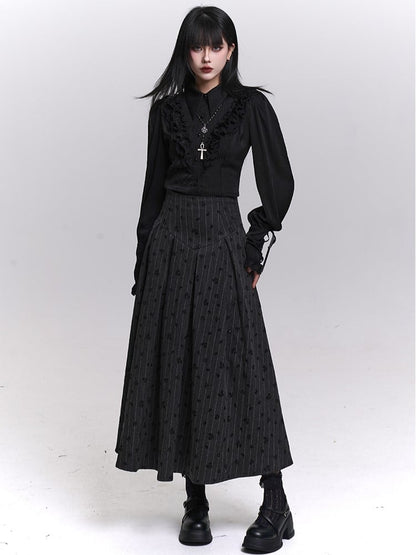 Gothic Dark Gray Striped High Waist Skirt with Lace-Up Back