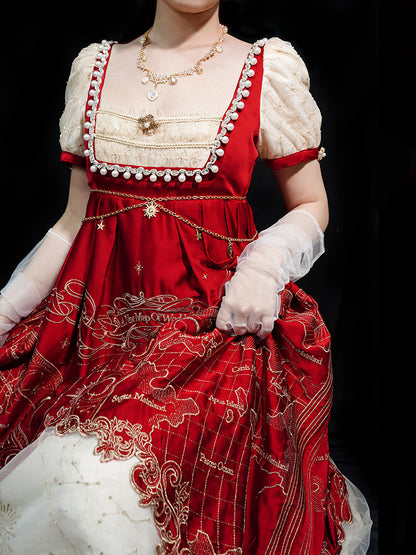 One Beige Elegant Lolita Piece Celestial Red and Classic Map Embroidery Empire Waist Wine Delicate Gold