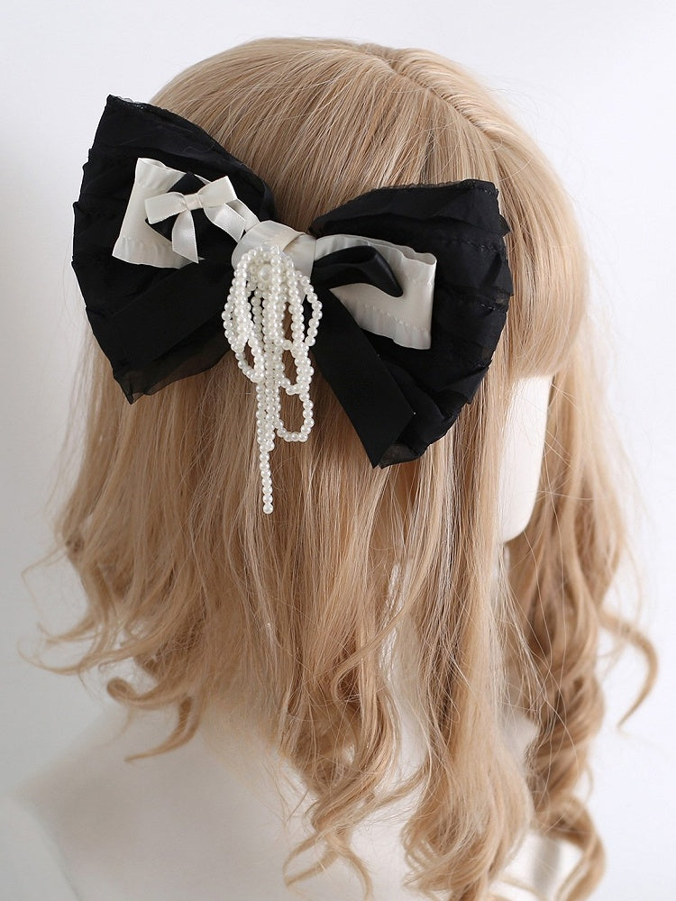 Beaded Bowknot Black Hairclip Tassel