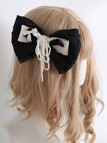 Beaded Bowknot Black Hairclip Tassel
