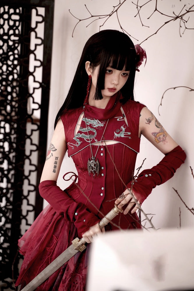 Red Gothic Dragon Embroidery Sleeveless Top Cutout Detail