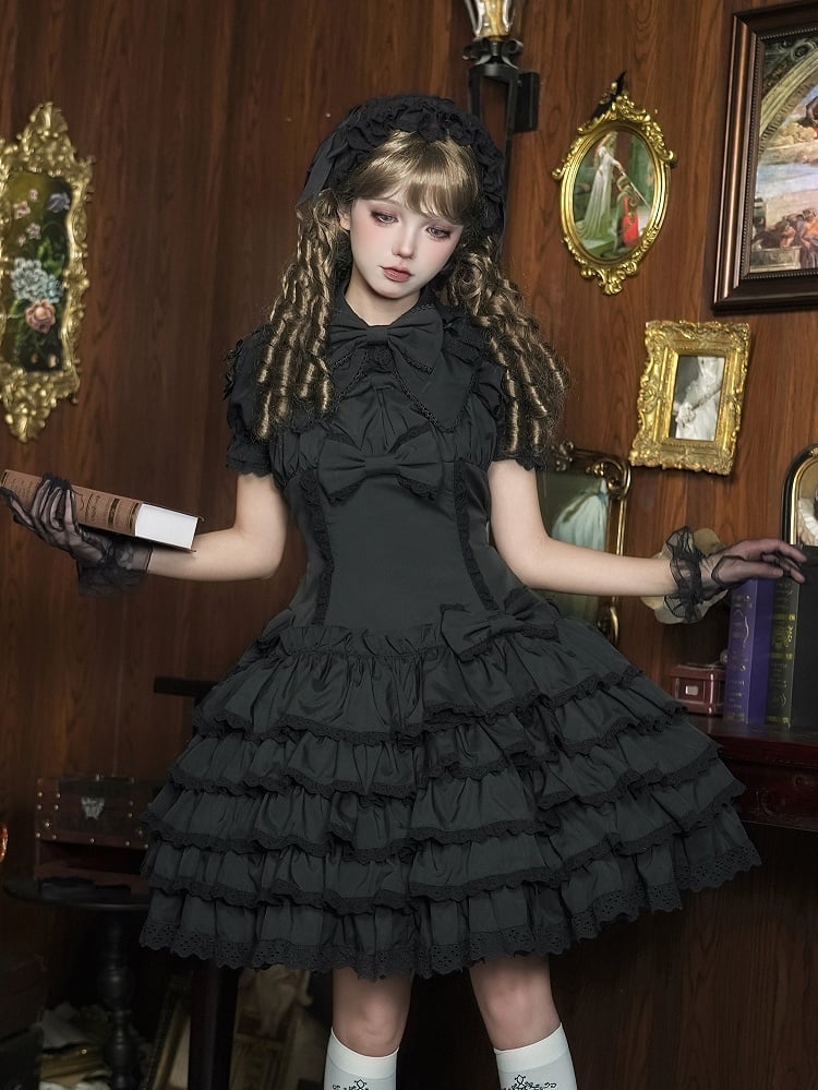 Gothic Tiered Bow Black Accents Lolita with Ruffles Dress