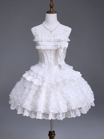 Snow Theme Elegant JSK Dress with Pearl and Floral Brooch - Airfreeing