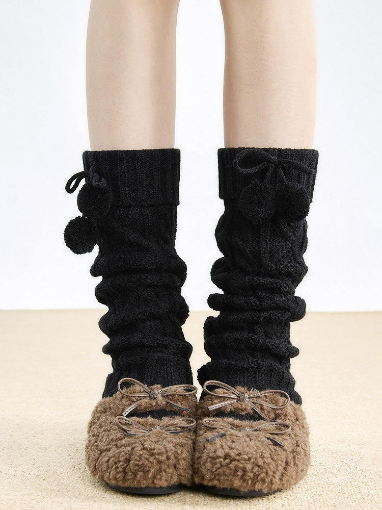 Knit with 5-Color Leg Warmers Detail Cable Bow Pom-Pom