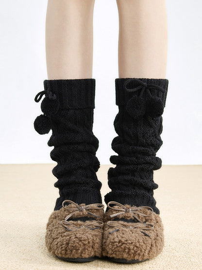 Knit with 5-Color Leg Warmers Detail Cable Bow Pom-Pom