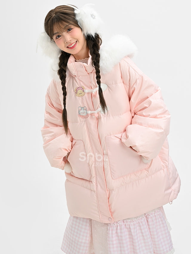 Rosa Daunenmantel mit Kapuze und Plüschbesatz mit süßem Bären und Kätzchen
