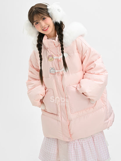 Rosa Daunenmantel mit Kapuze und Plüschbesatz mit süßem Bären und Kätzchen