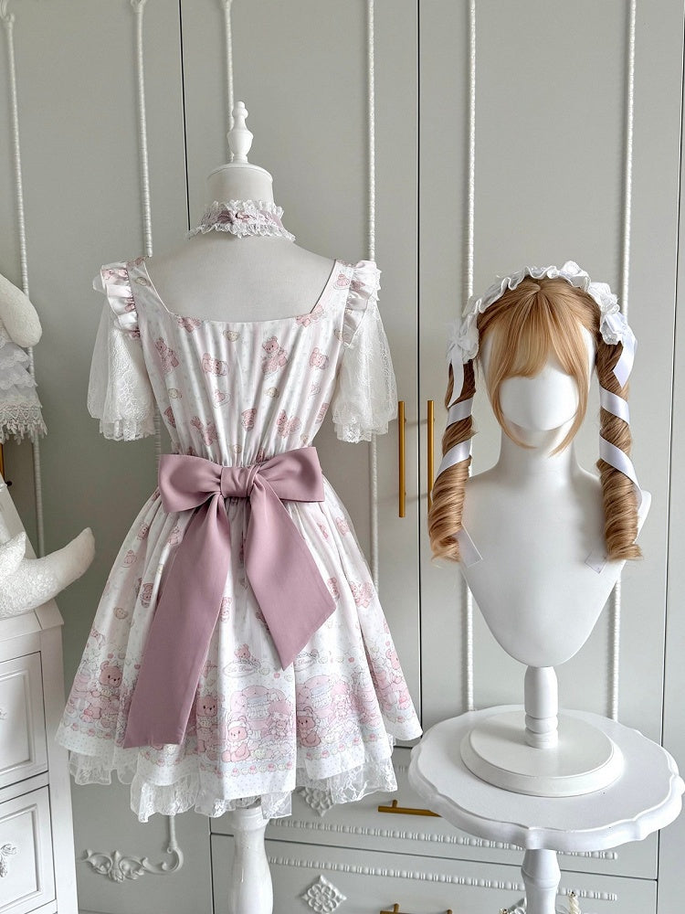Ryousangata Style Pink Bear Print Square Neck Short-Sleeve Dress with Lace and Bow Details - Shi Zhai Xin