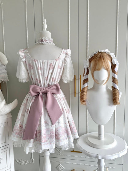 Ryousangata Style Pink Bear Print Square Neck Short-Sleeve Dress with Lace and Bow Details - Shi Zhai Xin