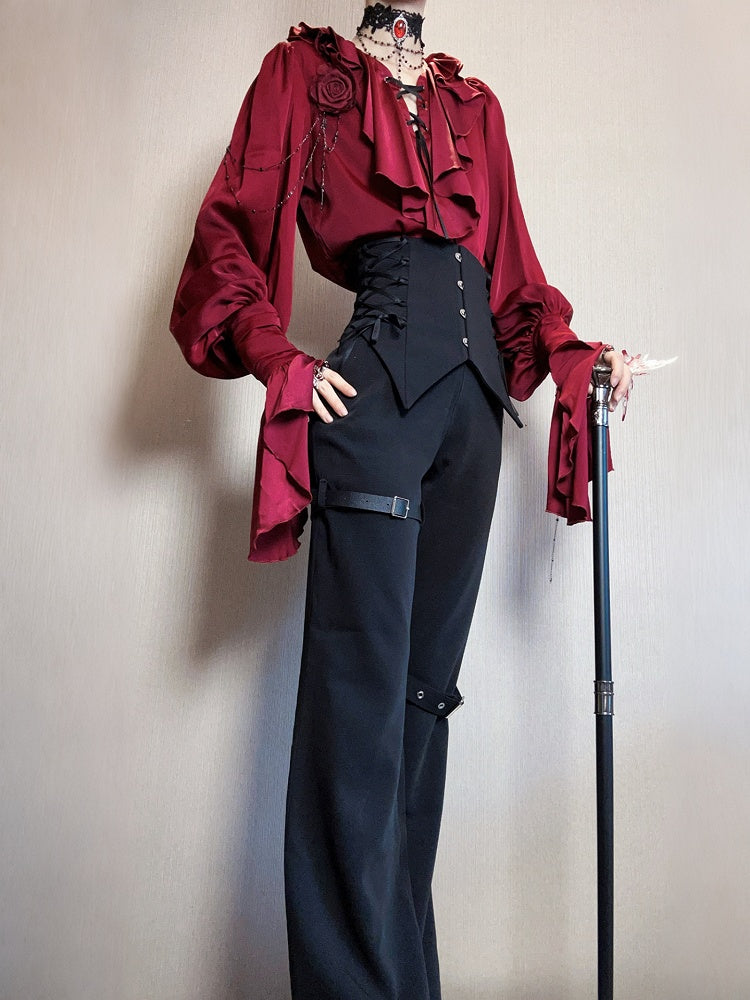 Regal V-Neck Shirt and Corset Pants Set - Shi Zhi Mao