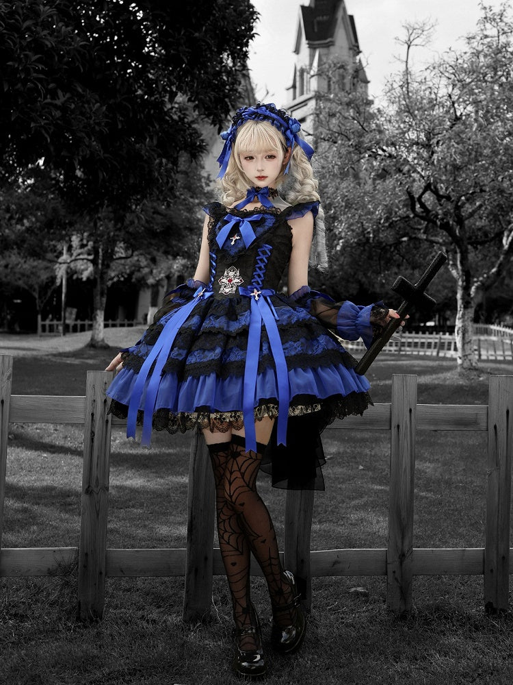Gothic Lolita JSK Dress with Cross & Spider Details, Layer Lace Trim & Bowknots in Black & Blue - Dream Flower Box