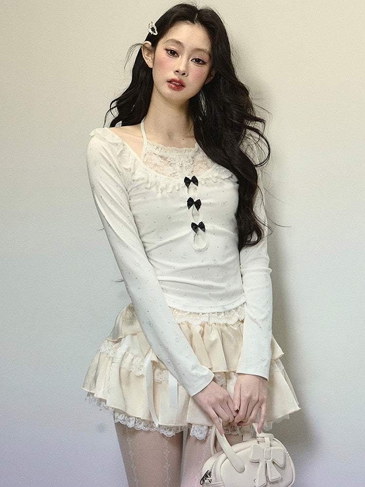 White Bows Print Lace Trim Halter Neck Top