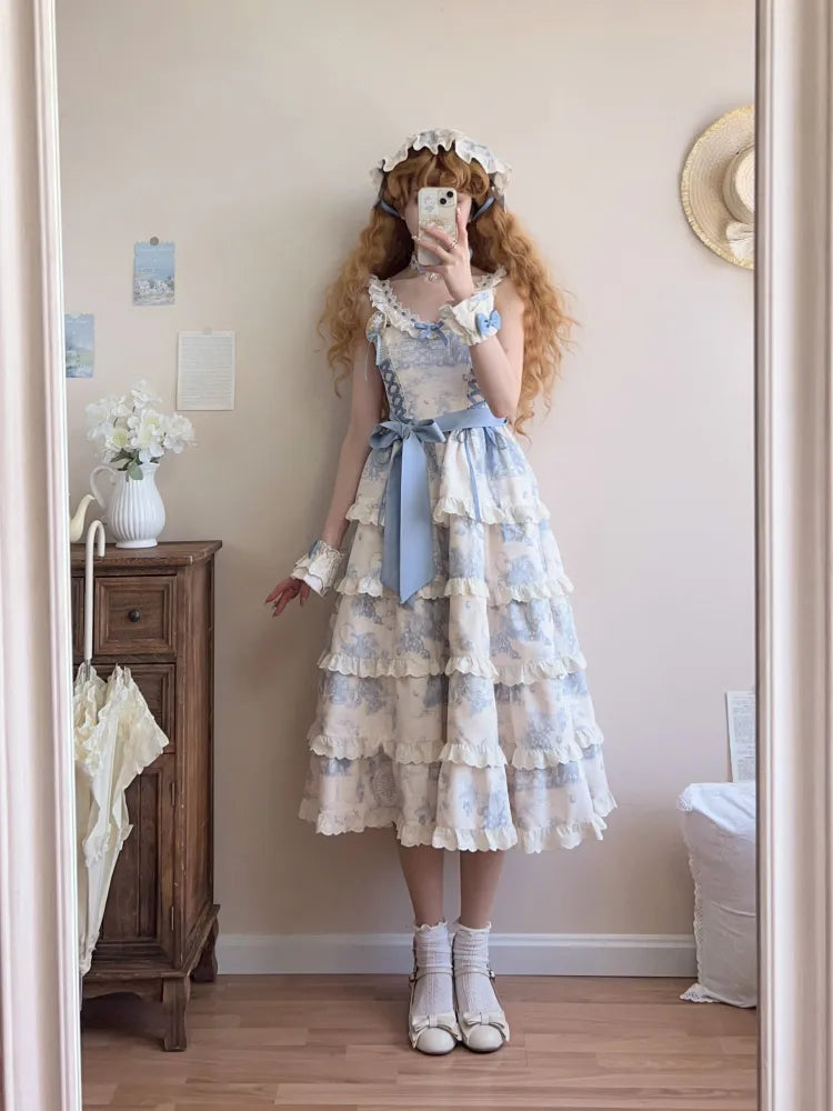 プリント裾ジャンパースカート グレープ ブルー ロリータ 取り外し可能