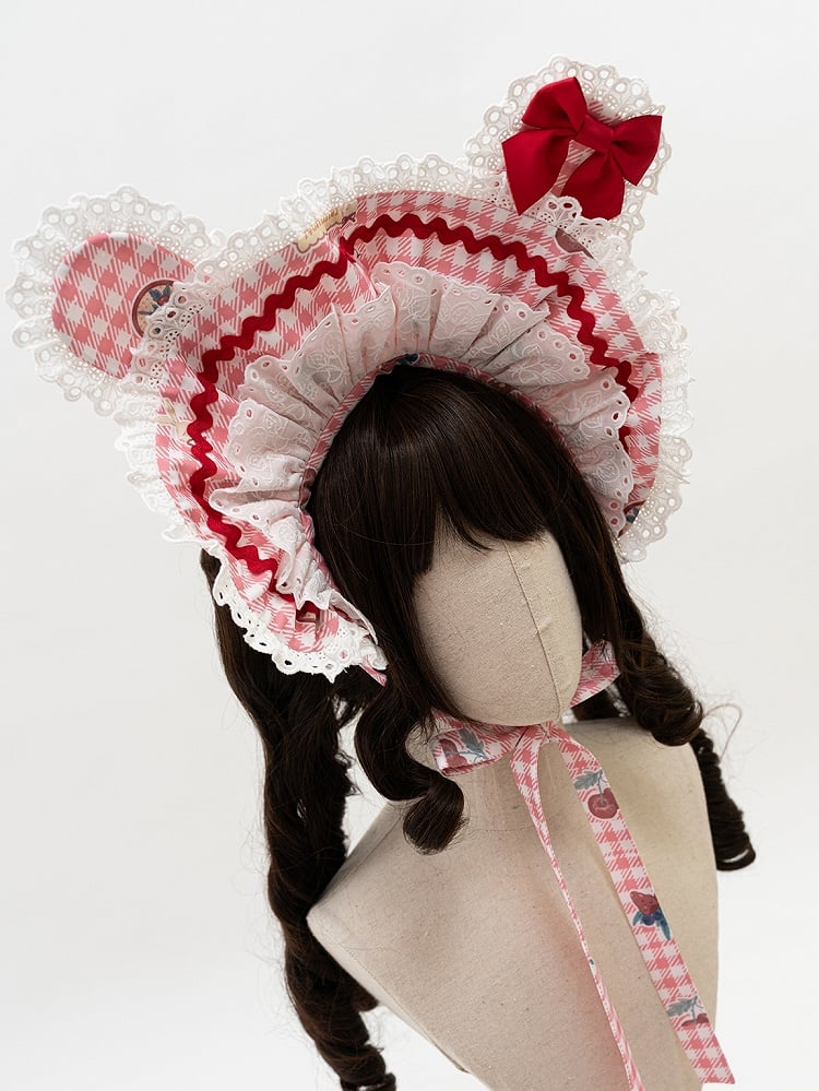 柄 ボンネット ギンガム ブラック グリーン ピンク 赤 耳 / うさぎ