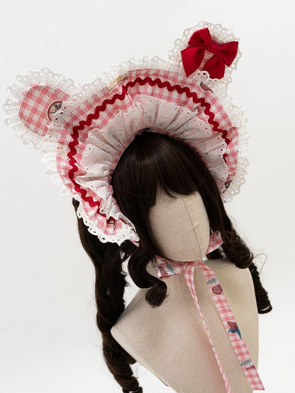 柄 ボンネット ギンガム ブラック グリーン ピンク 赤 耳 / うさぎ