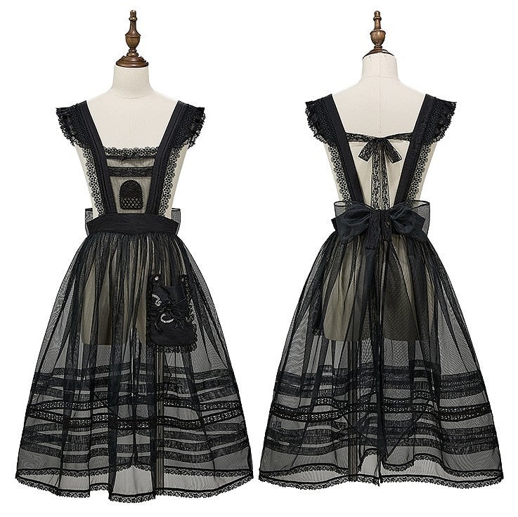 with Embroidered Pocket Overdress Black Lolita Lace-Trimmed