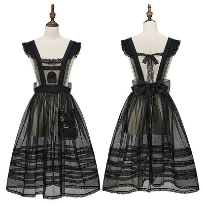 with Embroidered Pocket Overdress Black Lolita Lace-Trimmed