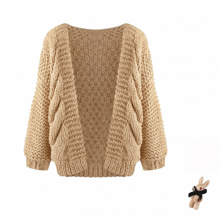 Kawaii Coffee Loose Knit Cardigan with Plush Bear Brooch for Autumn - serendipity