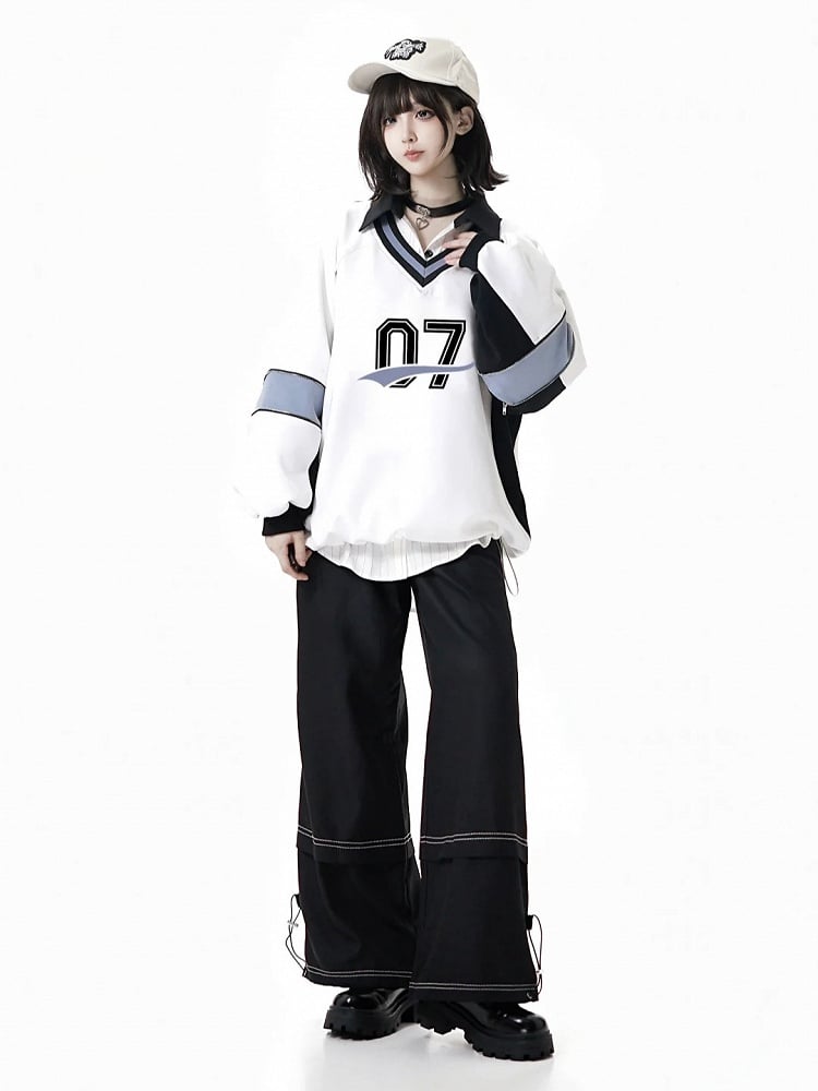 Front Sweatshirt with White Bow V-Neck Numeric Design Regular/Back Baseball-Style