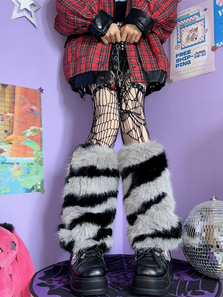 ベージュ/グレー Y2K ゼブラストライプ柄 40CM レッグウォーマー