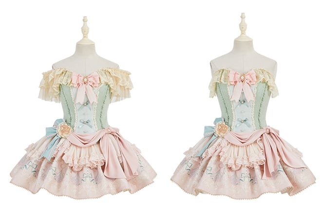 Green Jacquard Boned Bodice Pink Carousel Pattern Skirt Lolita Dress with Big Bow Train