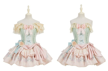 Green Jacquard Boned Bodice Pink Carousel Pattern Skirt Lolita Dress with Big Bow Train