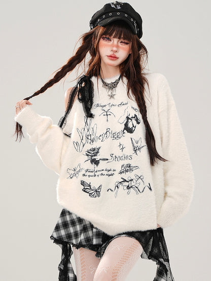 Apricot/Black Butterflies and Bows Cutout Shoulder Mohair Soft Sweater