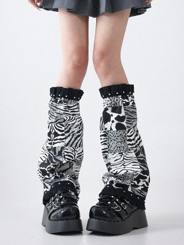 Black and White Zebra Pattern Ruffle Leg Warmers - Solost