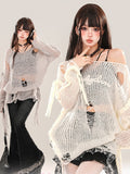 Gray and White Distressed Holes Asymmetrical Neckline Semi-sheer Knit Top