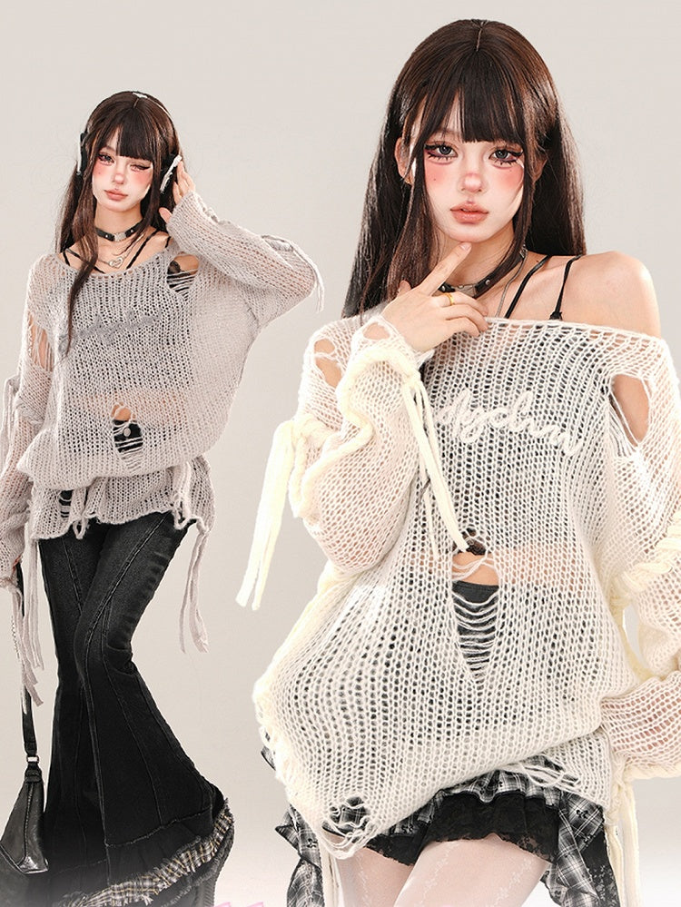 Gray and White Distressed Holes Asymmetrical Neckline Semi-sheer Knit Top