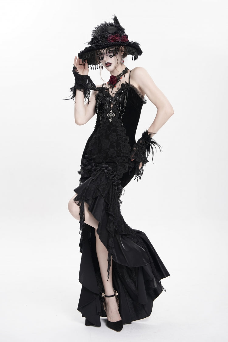 Black Cross Ruffled Floral Embroidered Chain Gothic Slip Dress