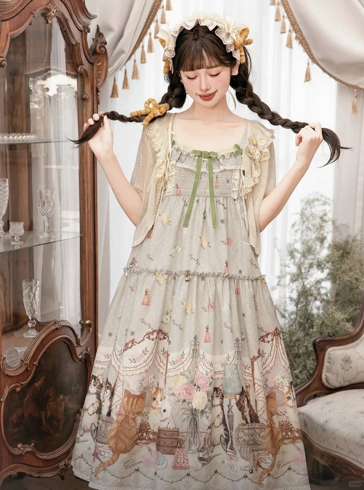 Green Cat Print High Waist Sweet Lolita Jumper Skirt - NyaNya