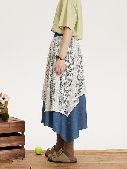 Vintage Design Waist Asymmetrical Lace Patch Skirt Elastic